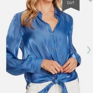 vince camuto women's tie front iridescent blouse dusk blue